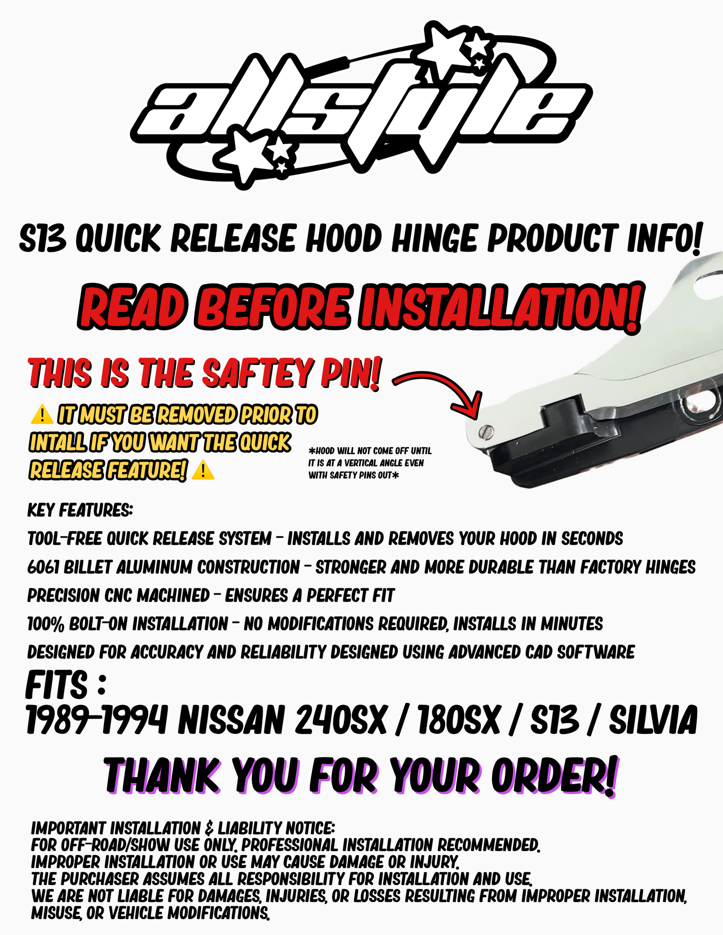 Nissan S13 Quick Release Hood Hinges